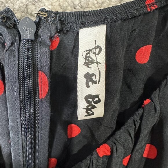 Dress Womens Medium Black Red Polka Dot Off Shoulder Puff Sleeve Ruched Mini - Picture 2 of 7